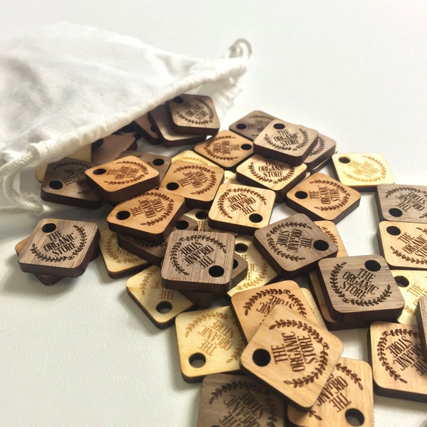 Custom Wood Tags .75 inch x .75 inch Branding Brand Buttons Wooden Square Shaped Knitting Handmade Label Hand Knit Tags Maple Cherry Walnut