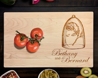 Cutting Board Personalized Rose Glass Dome Romantic Wedding Handmade Gift Wedding Gifts for couple Laser Engraved Maple Wood Chopping Block