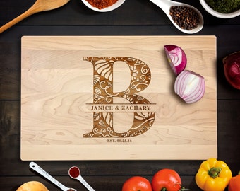 Floral Initial Monogram with Customized Names and Date Cutting Board Housewarming, Wedding, Anniversary Gift Laser Engraved CB00070