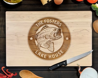 Cutting Board Personalized Lake house Fishing Gifts for men Family Lake House Sign Laser Engraved Wood Chopping Block Custom Family Name