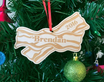 Wooden Bacon Strip Christmas Ornament with personalized name and date Wood Christmas Tree Ornament Customized ornament Mmm Bacon