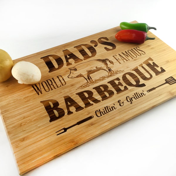 Cutting Board Personalized Fathers Day Gift Dad Jokes Grill Chill Dads World Famous Barbecue BBQ Pig Gift Laser Engraved Wood Gifts for Dad