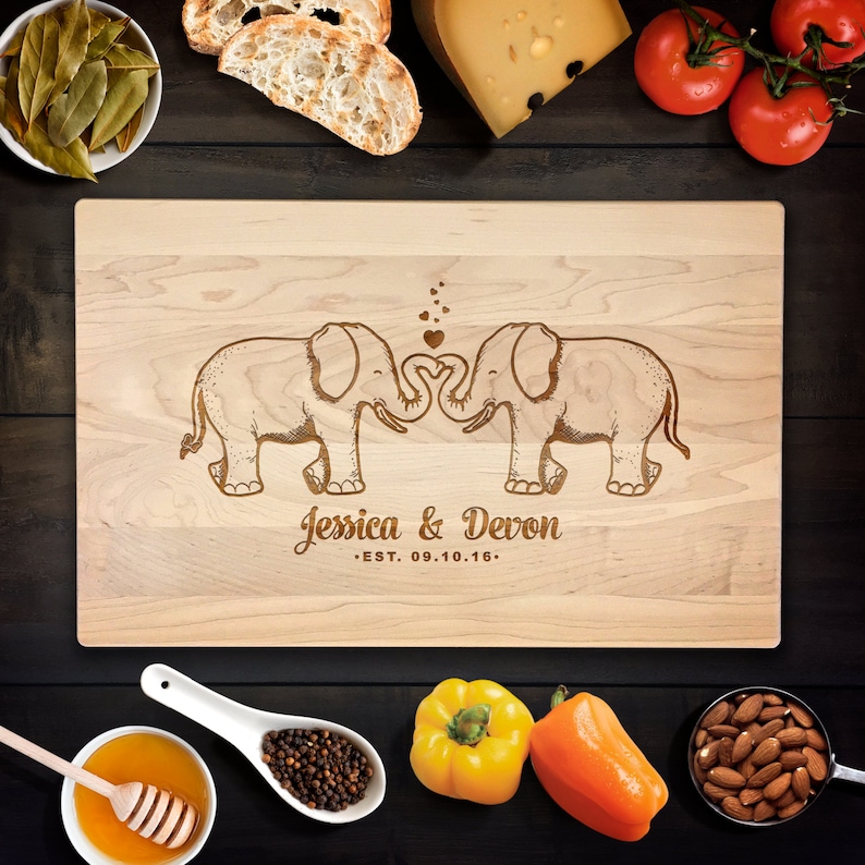 Custom Cutting Board Personalized Wedding Gift Elephant Love Cutting Board Romantic, enormous love with elephant trunk Chopping Block image 1