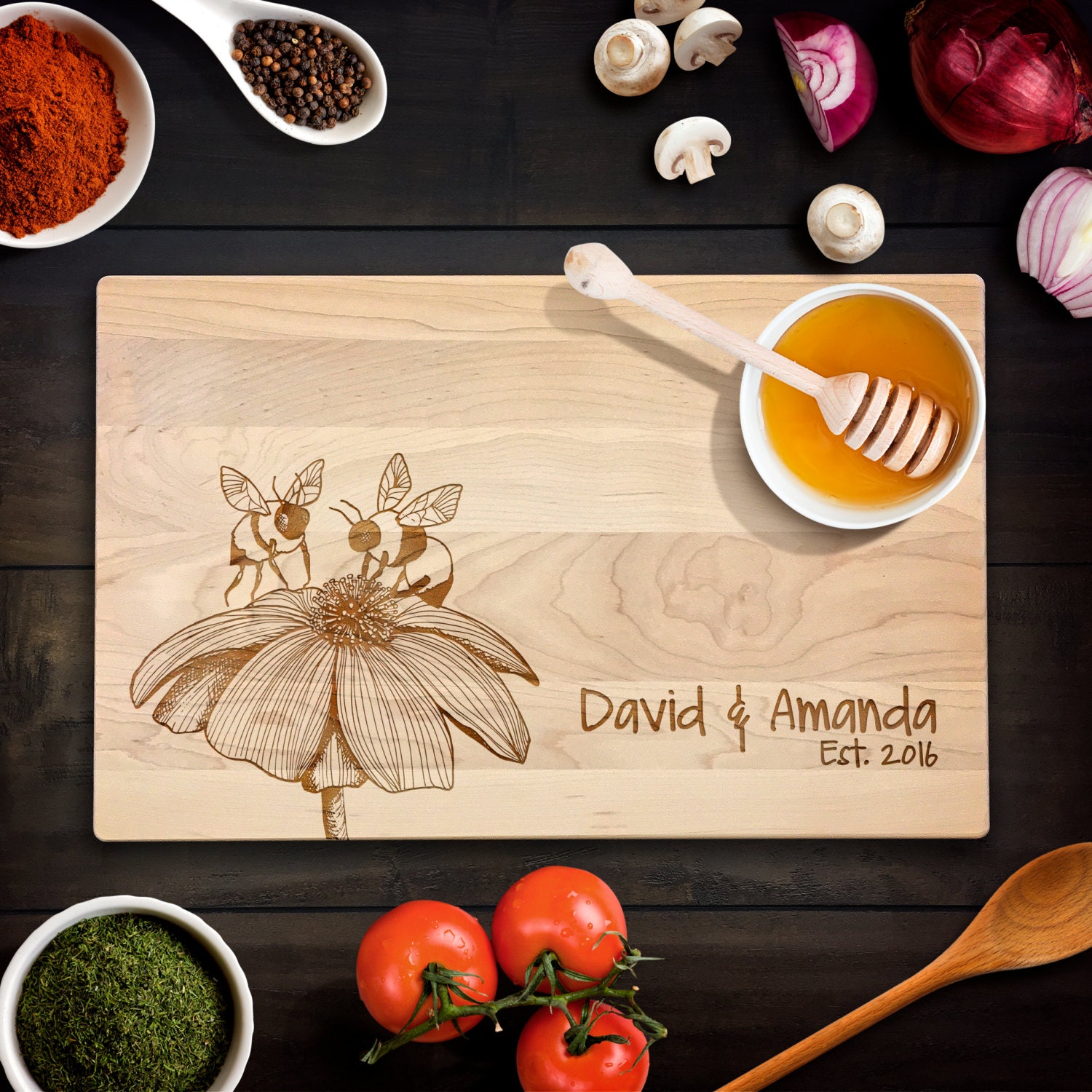 Personalized Cutting Board Wedding Gift Busy Bees on flower with custom names and date Maple Cutting Board Anniversary Gift CB0105