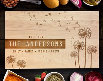 Cutting Board Personalized Family Name Dandelion Flower Design Wedding Gifts for couple Laser Engraved Bamboo Cutting Board Anniversary Gift