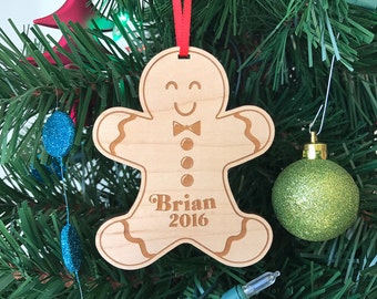 Gingerbread Man Wooden Christmas Ornament with Custom Name & Date Christmas Tree Decoration First Christmas Wood Decor Baby's First Xmas