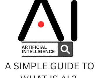 May include: A graphic design featuring the black text Ai with two red dots above the letters. Below is a dark gray search bar containing the white text ARTIFICIAL INTELLIGENCE and a magnifying glass icon. The text A SIMPLE GUIDE TO WHAT IS AI ? appears below.