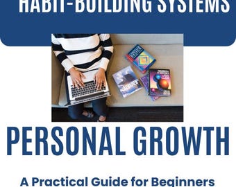 Könnte beinhalten: Eine Person in einem schwarz-weiß gestreiften Langarmshirt tippt auf einem silbernen Laptop. Daneben liegen drei Bücher mit den Titeln Compiler Design, Java und Fundamentals of Computing II. Der Text HABIT-BUILDING SYSTEMS PERSONAL GROWTH A Practical Guide for Beginners ist in Weiß und Blau dargestellt.