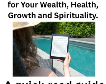Könnte beinhalten: Ein digitaler E-Reader mit Textanzeige, platziert unter dem Titel 1000 Positive Affirmations for Your Wealth, Health, Growth and Spirituality und dem Untertitel A quick-read guide, mit schwarzem Rahmen und weißem Bildschirm.