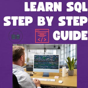 May include: A digital graphic with the purple text LEARN SQL STEP BY STEP GUIDE, featuring a computer monitor displaying lines of code, a white keyboard, a white mouse, a white water bottle, and a green potted plant on a wooden desk.