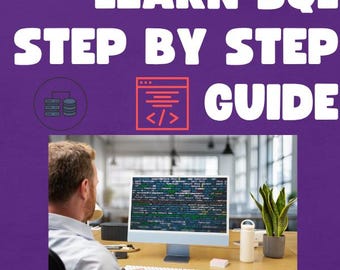 May include: A digital graphic with the purple text LEARN SQL STEP BY STEP GUIDE, featuring a computer monitor displaying lines of code, a white keyboard, a white mouse, a white water bottle, and a green potted plant on a wooden desk.