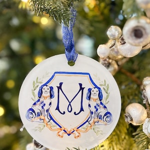 Chinoiserie Christmas Personalized Ornament Blue Staffordshire Dog Grand Millenial Christmas Ornament Preppy Christmas Tree