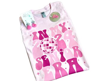 In My Senior Era Gift Set Class of 2024 Senior Gift Pink Longsleeve Shirt Disco Ball Earrings Disco Ball Name Plate Gift For Senior