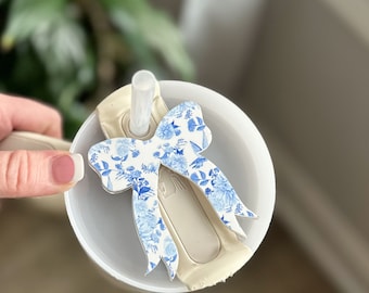 Chinoiserie Name Plate Gift for Her Easter Basket Tumbler Topper Personalized Coquette Bow Tumbler Tag Blue and White Custom