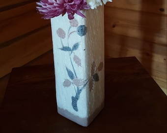 Beautiful 1985 Ebeling & Reuss Textured Surface Pottery With Pink And Blue Glazed Flowers - 10" Tall 3" Square Vase With Original Dated Tag