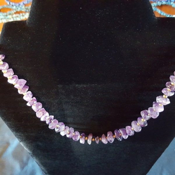 17" Natural Polished Amethyst Nugget and Gold Bead Necklace