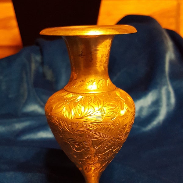 Lovely, Petite, Engraved Brass Bud Vase Marked "INDIA"