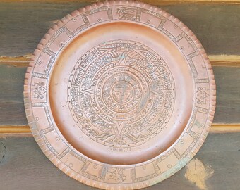 1950s Copper Plate for Indoor or Outdoor Decor - Hand-Hammered and Engraved With Mayan Calendar And Symbols - Made in Mexico