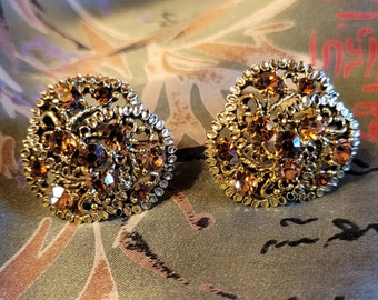 1980s Vintage Ohrclips, goldfarbene Ohrringe mit funkelnden bronze- und bernsteinfarbenen Straßsteinen