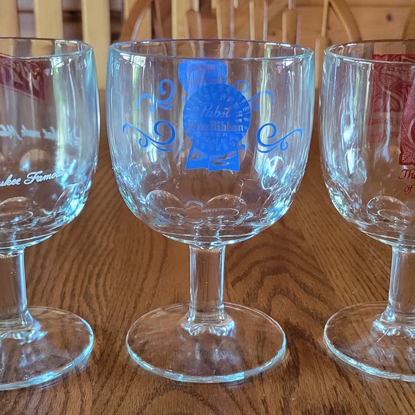 Three Vintage 1970s Thumbprint 14 Ounce Beer Schooners - One Each - Schlitz, Pabst, Falstaff - All In Great, Undamaged Condition