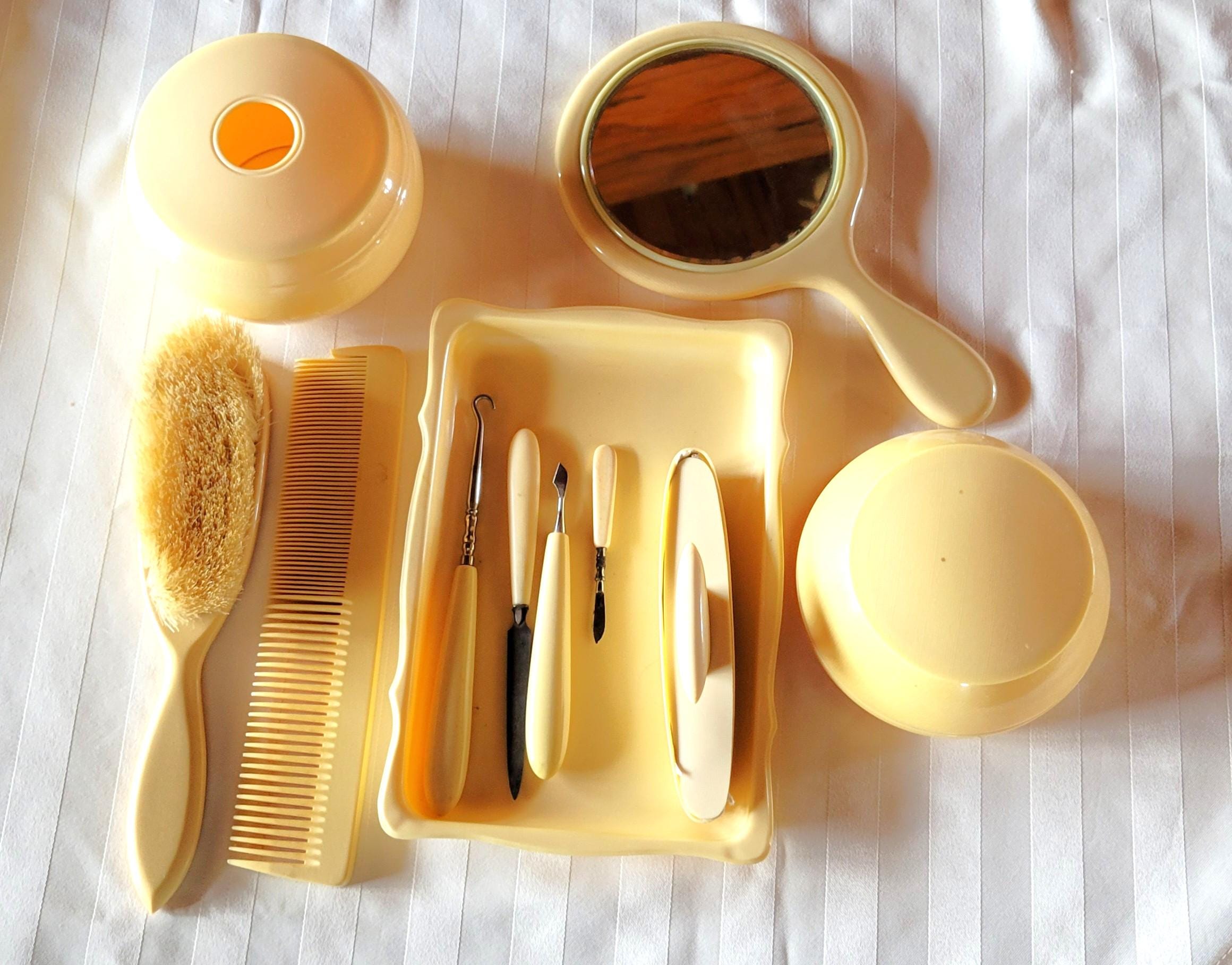 VINTAGE CELLULOID VANITY BRUSH MIRROR ETC. SET Vintage Art Deco Celluloid Vanity Set: Mirror, Brush, Nail  main image 2