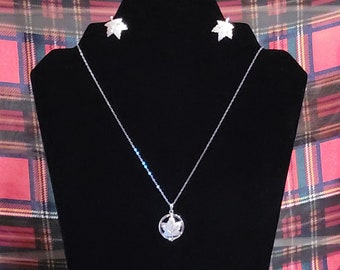 Vintage 1960s Sterling Silver Maple Leaf Necklace and Earrings Set