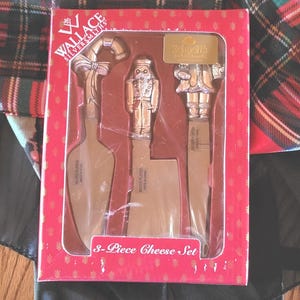Vintage Wallace Silversmiths Christmas Cheese Set: Silver-Plate Candy Cane, Nutcracker, Santa