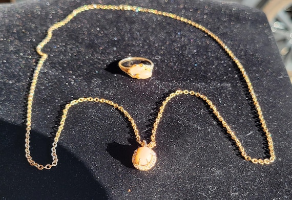 Angel Skin Coral - 14Kt Gold Ring & 10Kt Diamond Pendant Necklace