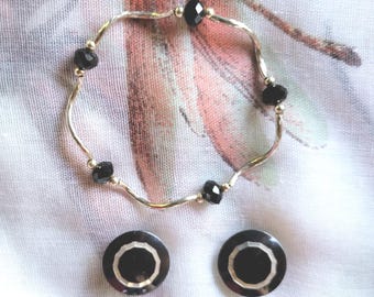 Vintage 90s Silver With Black Bead Stretch Bracelet and Enamel Clip Earrings