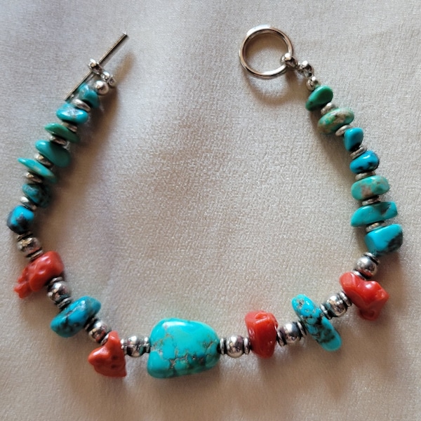 Native American 7 1/2" Bracelet Of Turquoise, Red Spiny Oyster & Sterling Silver