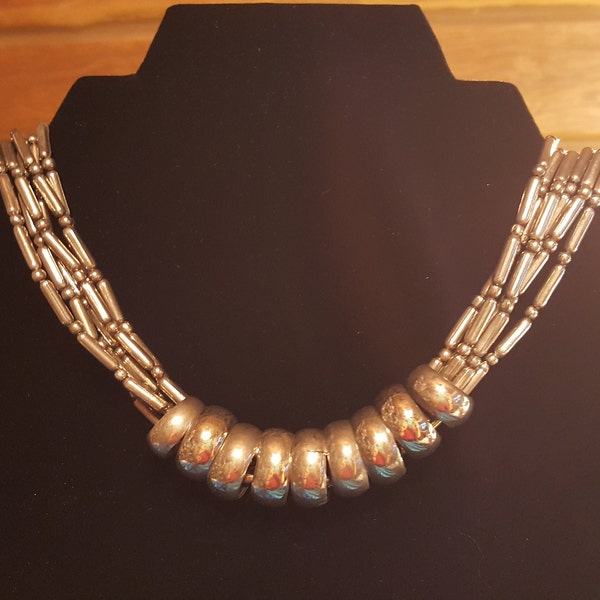 1960s Silver Boho-Chic Multi-Strand Necklace - Tube and Round Beads With Floating Rings In Great Condition