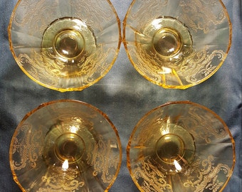 4 Amber-Glass Custard Cups In Madrid Pattern Depression Glass - 1930s Federal Glass With Tiny Rim Chips Only