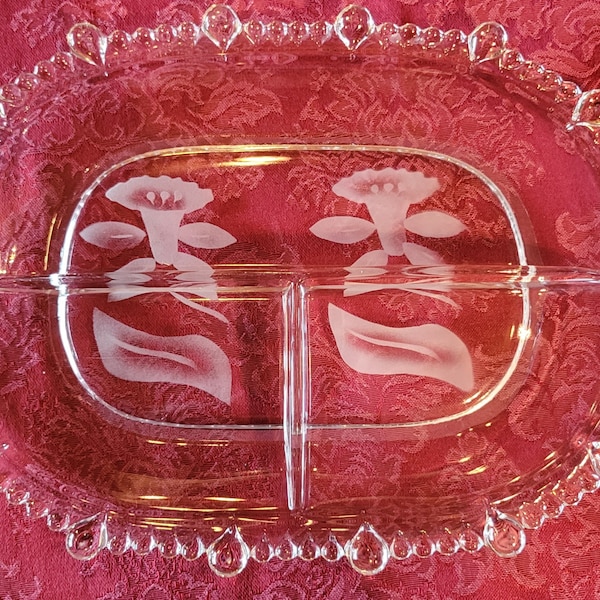 Rectangular Divided Relish Tray Made By Paden City Glass Co. In Their Etched Pattern "555 Line" - Daffodils Etched On The Bottom Of The Dish