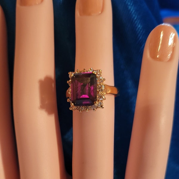 Size 5 Ring in 14K HGE With Large Emerald Cut Faux Amethyst Surrounded by Faux Diamonds - A Fabulous Fake!