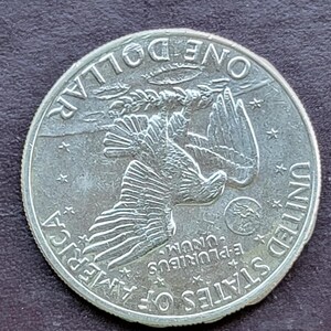 Op de afbeelding: Een zilveren dollar munt met een adelaar met uitgespreide vleugels, omringd door de woorden "ONE DOLLAR", "UNITED STATES OF AMERICA" en "E PLURIBUS UNUM". De munt heeft een gedetailleerd ontwerp en een licht versleten uiterlijk.