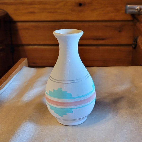 Hand-Painted, Signed "TESA" Bud Vase - Matte Glaze With Pastel Southwestern Design
