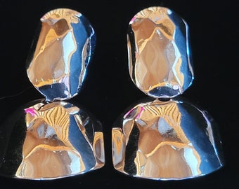Vintage Modernist Silvered Steel Post Dangle Earrings: Faceted For Sparkle