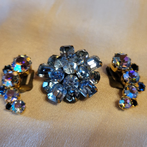 Beautiful Brooch and "STAR" by Staret Clip-Back Earrings With Light Blue Aurora Borealis Rhinestones - Vintage 1930s