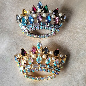 Two Beautiful Sparkling, Crown Brooches In The Style of B David's  "Mother's Crown" (Unsigned) In Iridescent And AB Rhinestones And "Pearls"