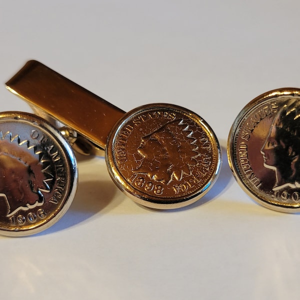 1898 U. S. Penny Tie Clasp And 1908  U. S. Penny Cuff Links