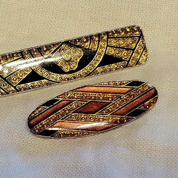 Two Pierre Bex Style Lacquer Brooches - One Rectangular, One Oval - Both In Great Condition