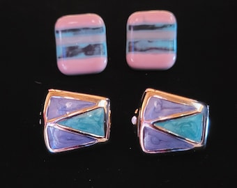 2 Pair 1980s Vintage Modernist Clip Earrings: Pastel Glass & Enamel