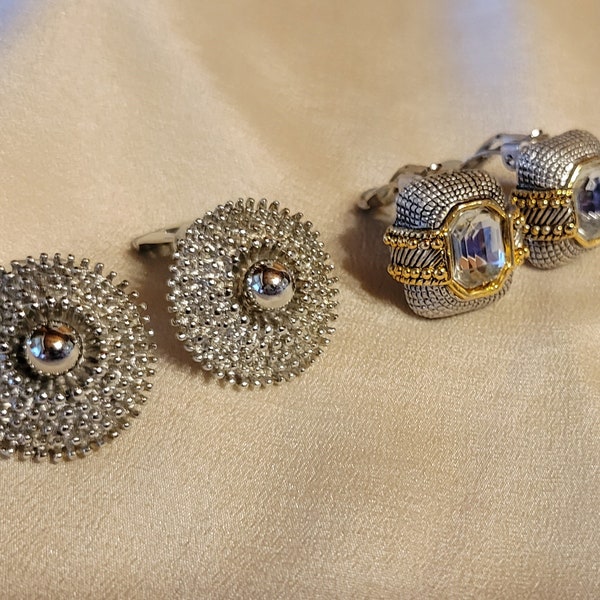 Two Pair Classic Style Clip-Back Earrings Vintage 1980s - One In Silver and Gold-Tone With Crystal Centers, One in Silver Tone