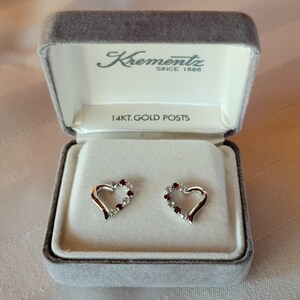 Lovely Silver "Open Heart" Earrings By Krementz - Sparkling Red And Clear 1mm Crystals Securely Prong-Set On Each Heart In Original Box!