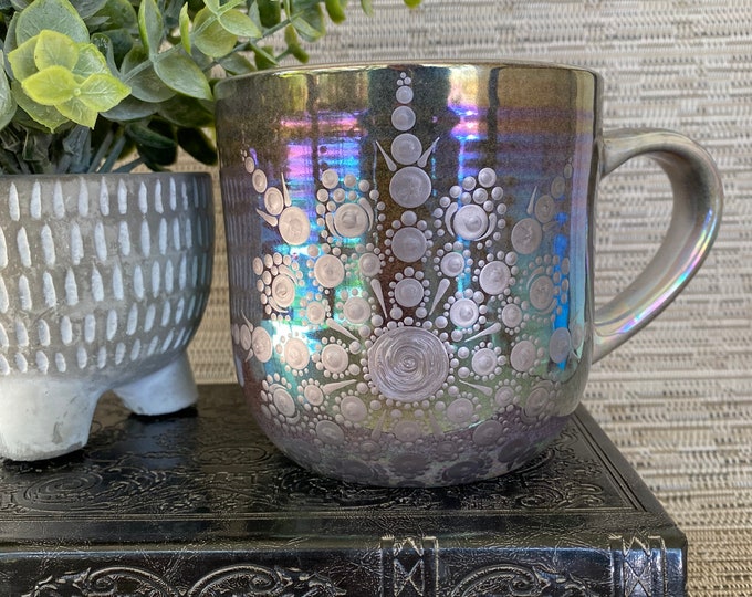 Hand painted mug, dot mandala mug, black iridescent glazed mug, large 17oz ceramic mug, dot art, unique mug, mandala design, unique gift