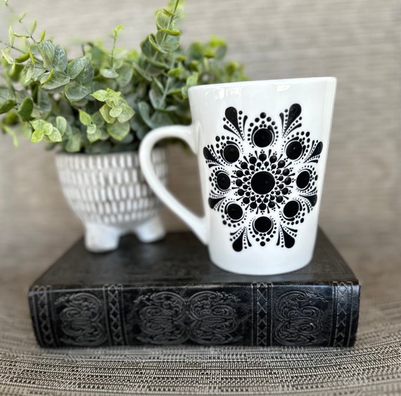 Hand painted 14oz black and white mandala mug