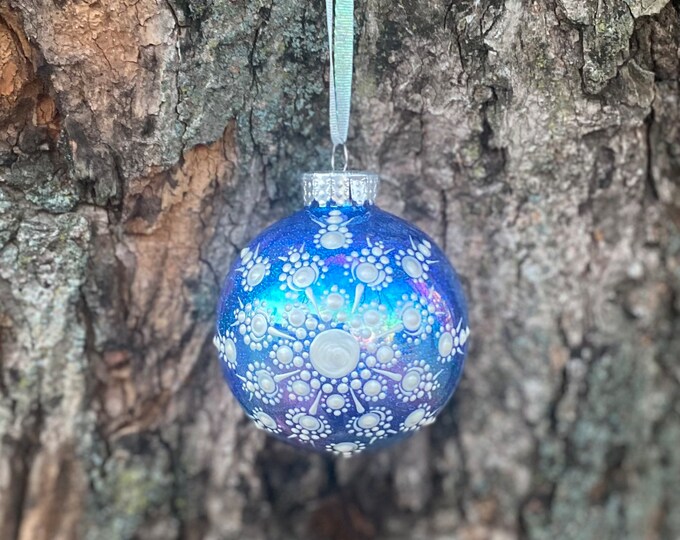 Hand painted blue iridescent dot mandala Christmas tree ornament