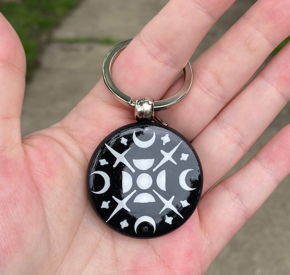 Moon phase dot art keychain double sided