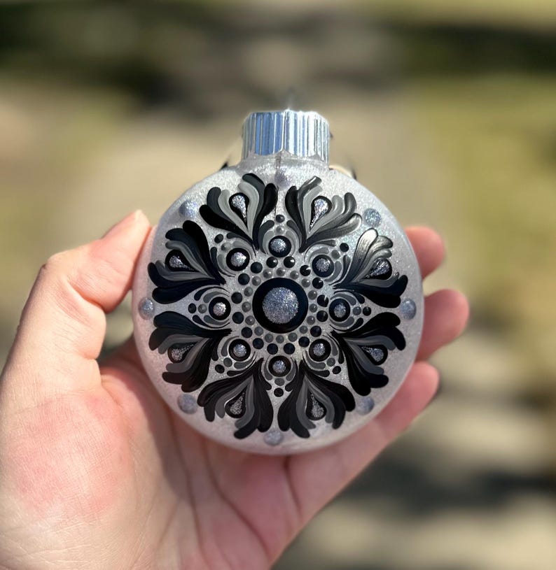 Hand Painted Glitter Black and White Mandala Ornament Etsy