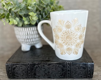 Hand painted 14oz champagne mandala mug